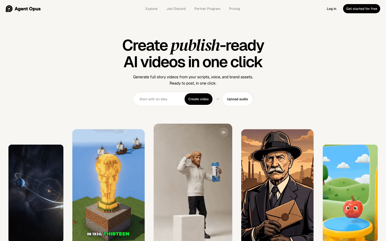 Agent Opus homepage showing its prompt and audio starting points