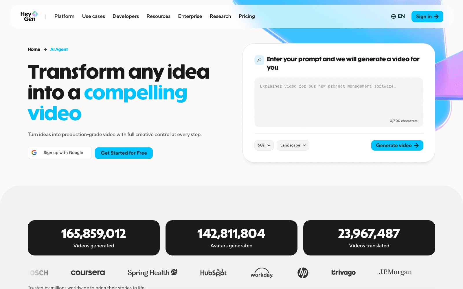 HeyGen Video Agent homepage with prompt input and video settings