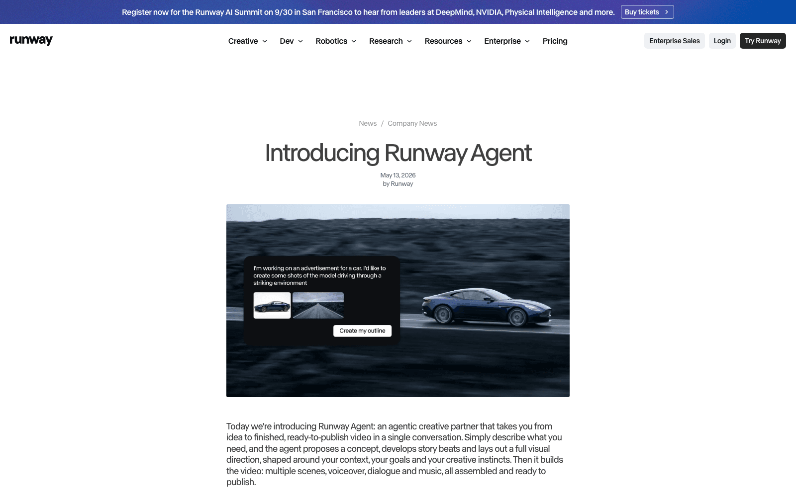 Runway Agent announcement showing its multi-shot video workflow