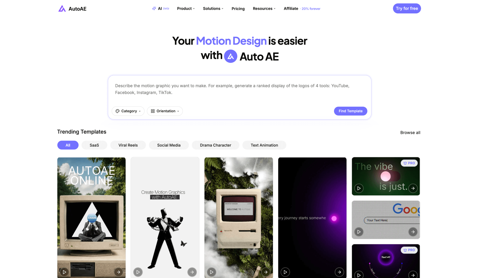 AutoAE AI page showing Motion Graphics search, categories and trending templates