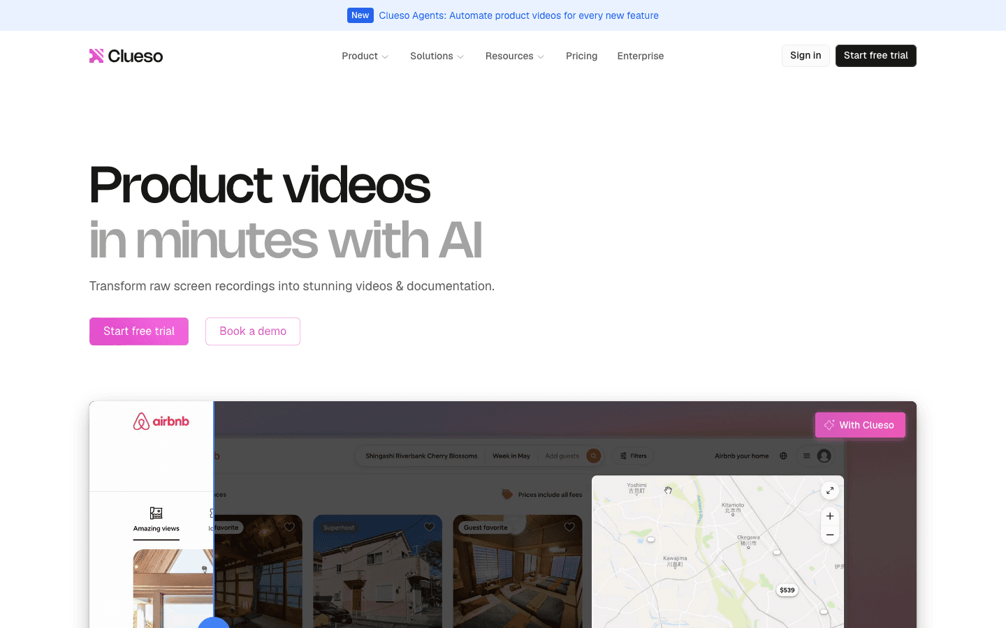 Clueso homepage showing its product video workflow from screen recordings