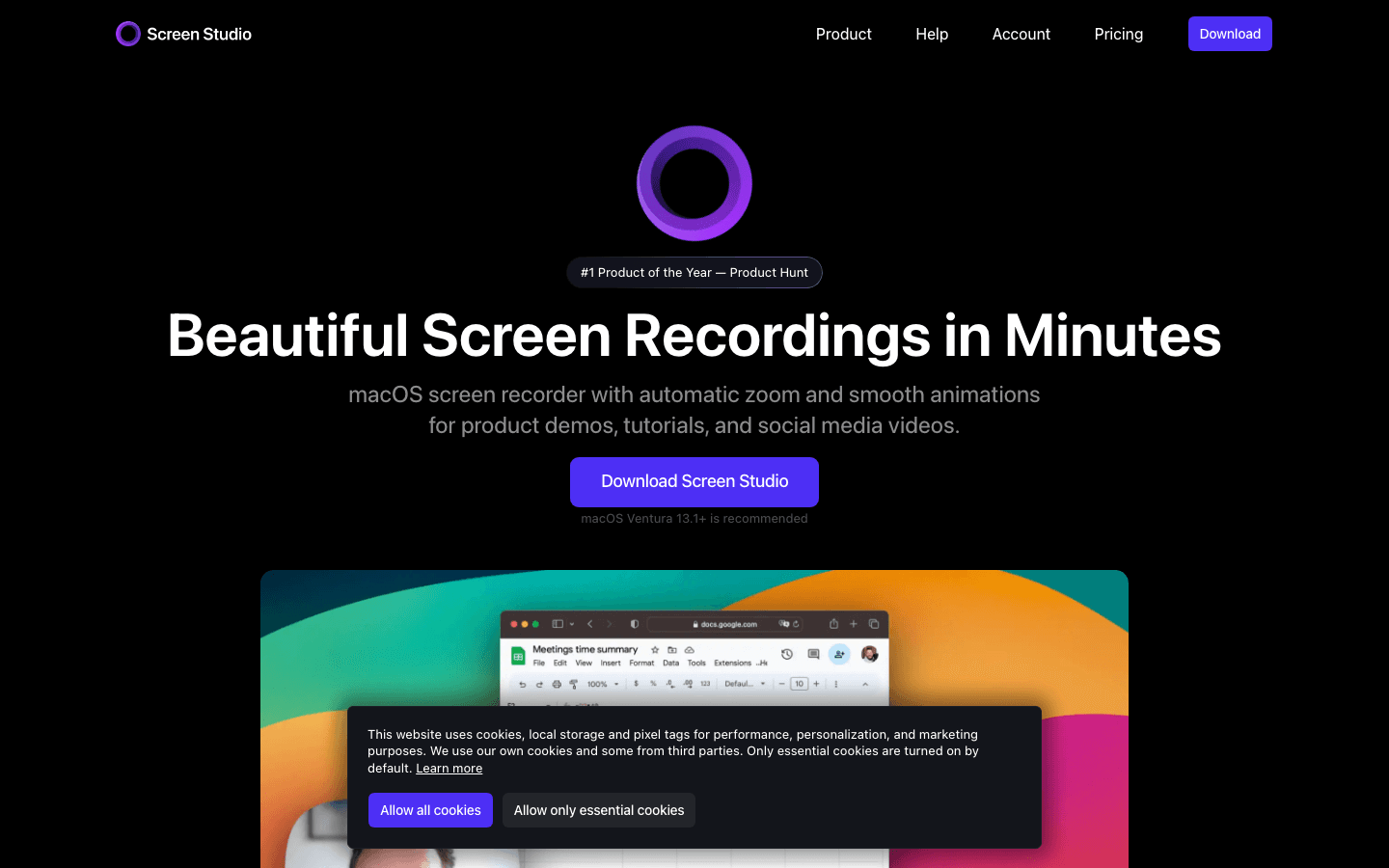 Screen Studio homepage showing its macOS product-demo screen recorder