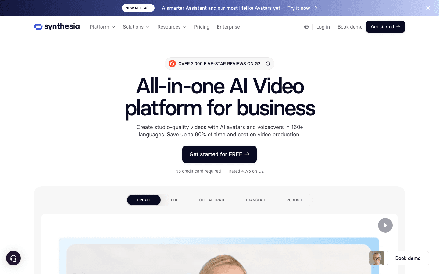 Synthesia homepage showing its AI avatar video platform for business