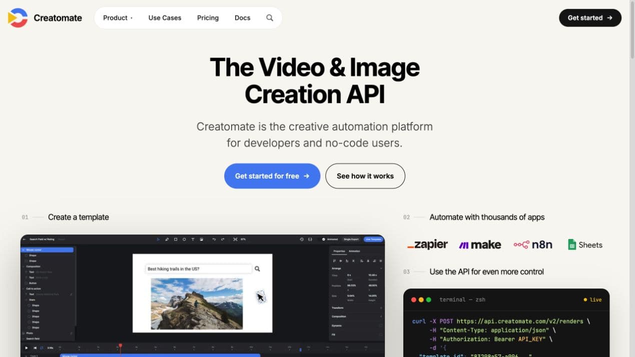 Creatomate homepage showing its video and image automation platform
