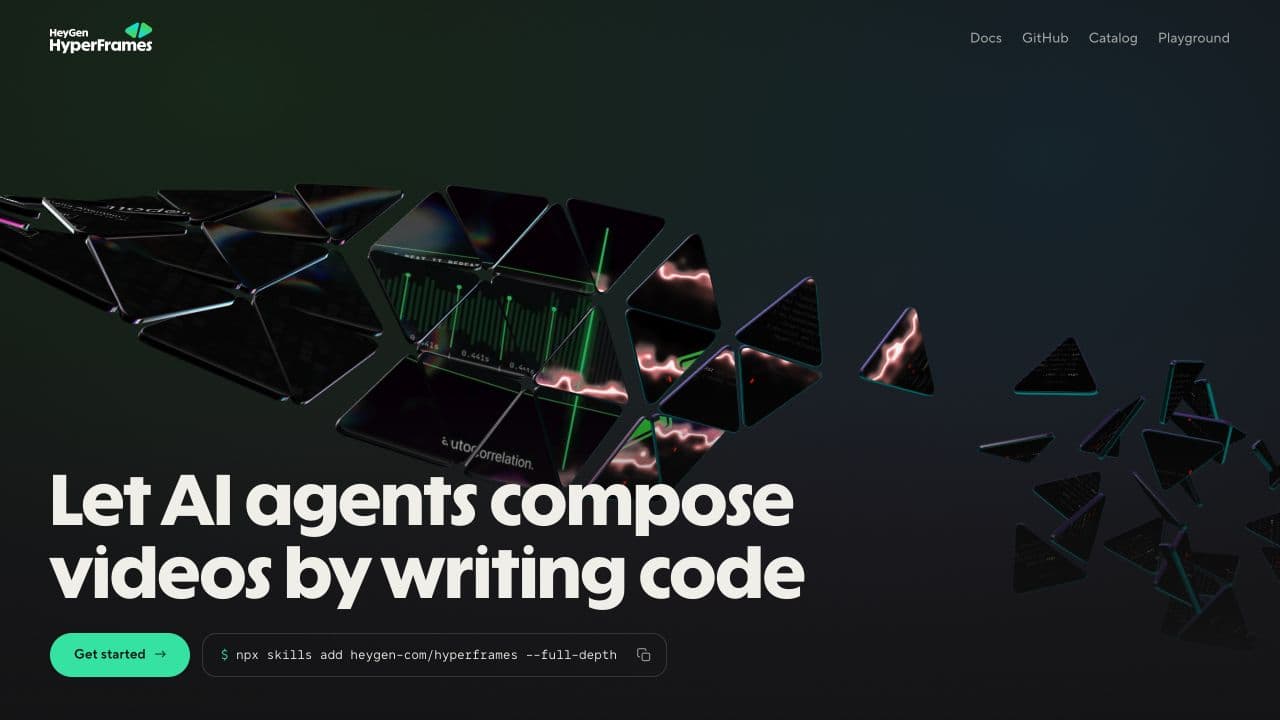 HyperFrames homepage showing its HTML-to-video framework and Agent workflow