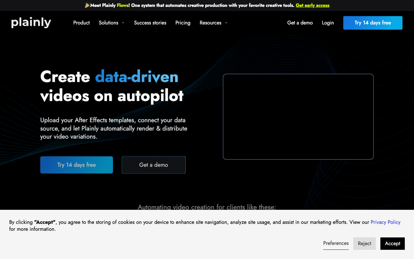 Plainly homepage showing data-driven video automation from After Effects templates