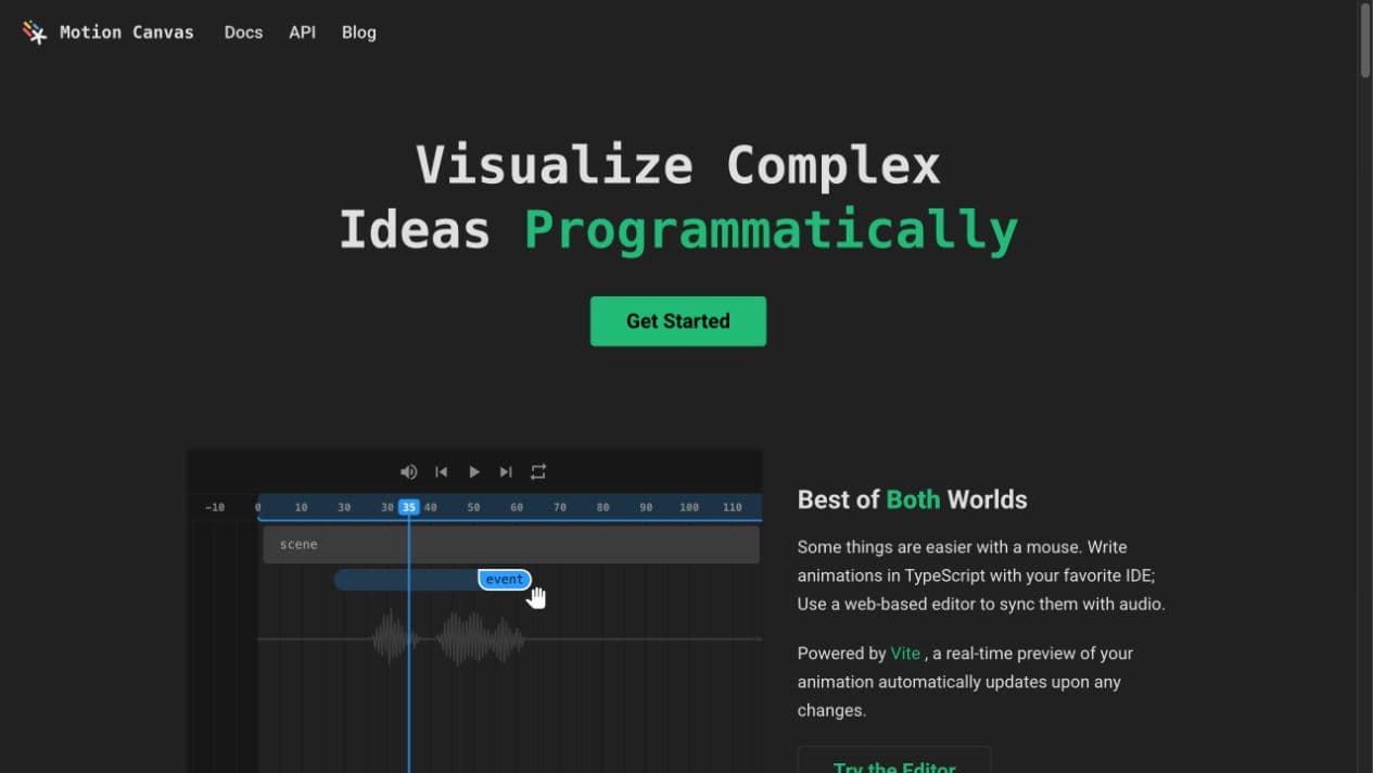 Motion Canvas homepage showing programmatic TypeScript animation and its web editor