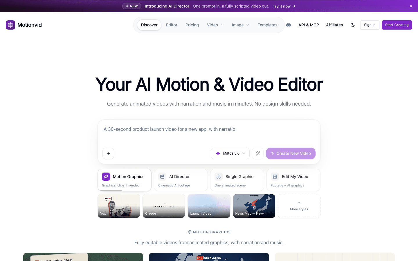 Motionvid homepage showing its AI Motion and Video Editor