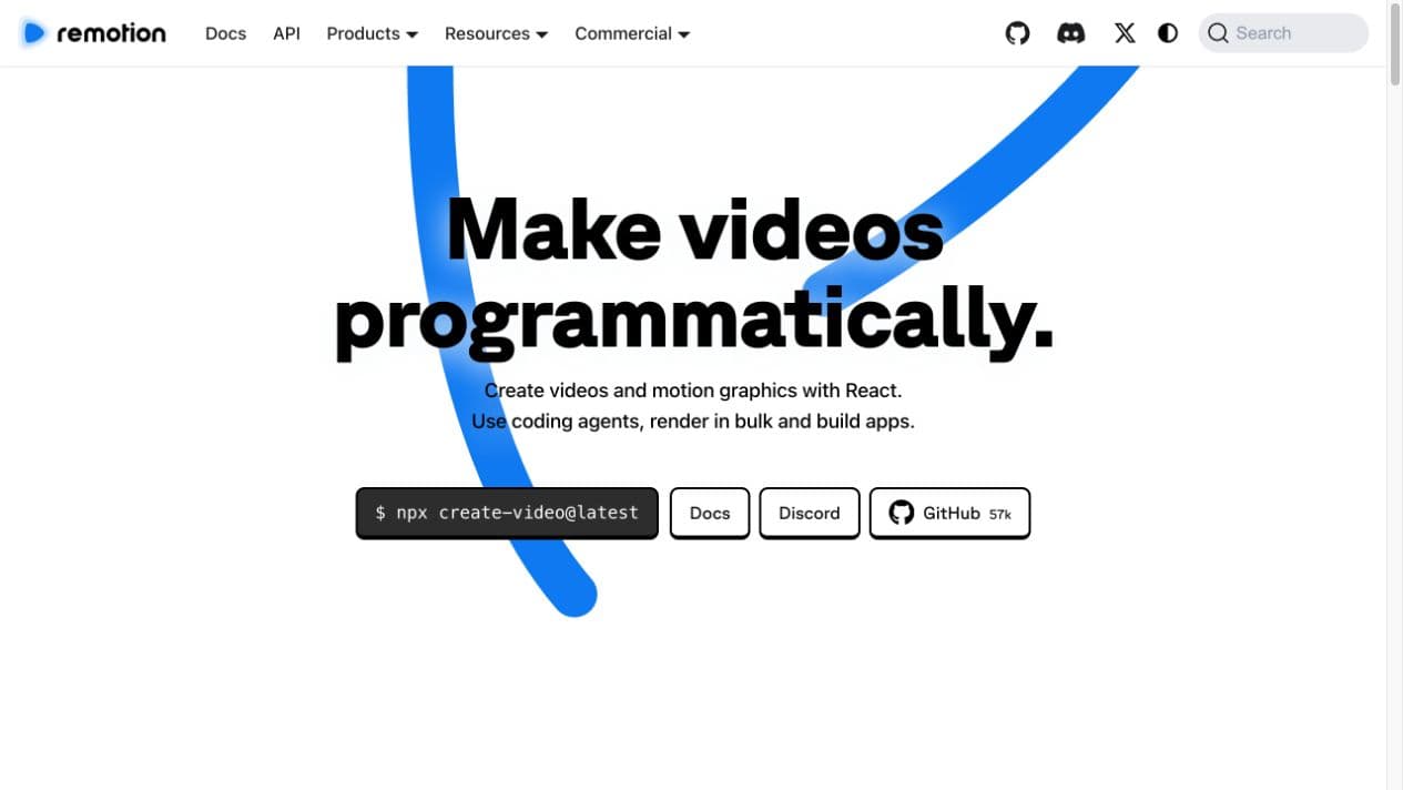 Remotion homepage showing React, coding-agent and programmatic video workflows
