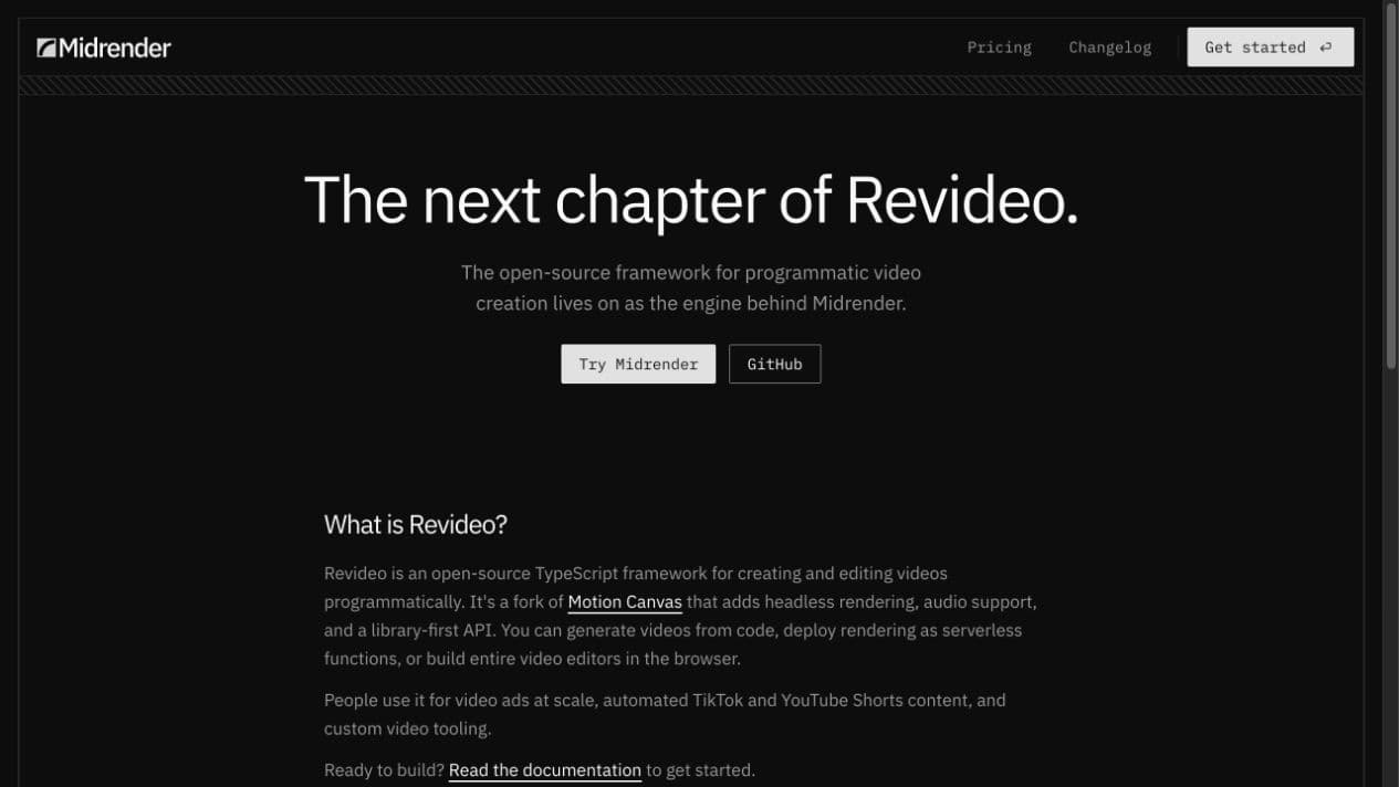 Revideo page explaining that its open-source engine now powers Midrender